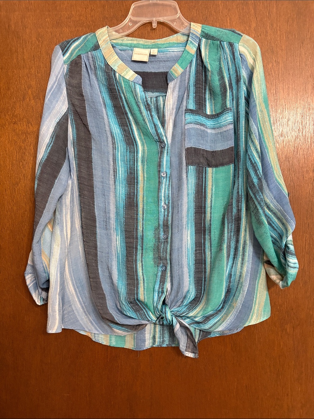 Zac & Rachel Striped Tie-Front Blouse in Teal, Aqua and Blue